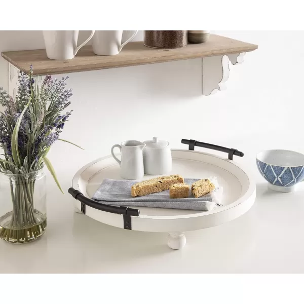 Kate and Laurel Bruillet Round Wooden Footed Tray with Handles 15 inch Diameter Rustic FinishWhite