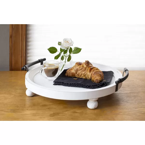 Kate and Laurel Bruillet Round Wooden Footed Tray with Handles 15 inch Diameter Rustic FinishWhite