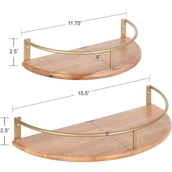 Kate and Laurel Camryn Boho Half Moon Wall Shelf Set Set of 2 Natural Wood and Gold Decorative Bohemian Half Circle Shelf for Household Storage and Boho DecorNaturalGold