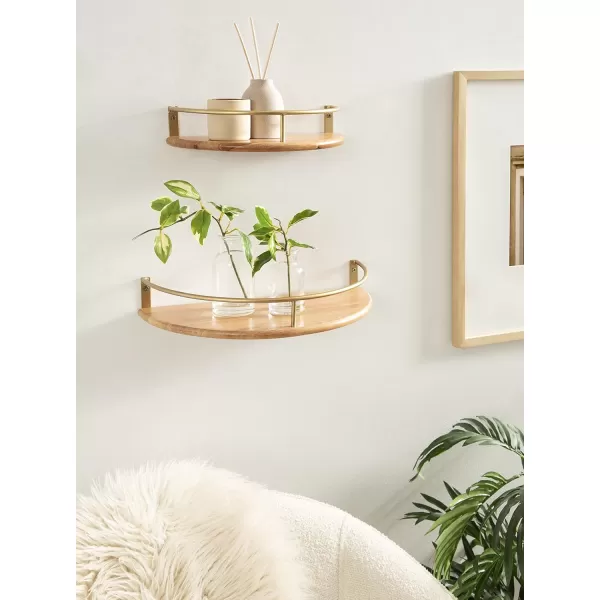 Kate and Laurel Camryn Boho Half Moon Wall Shelf Set Set of 2 Natural Wood and Gold Decorative Bohemian Half Circle Shelf for Household Storage and Boho DecorNaturalGold