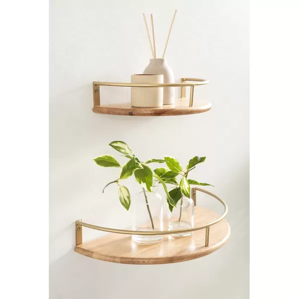 Kate and Laurel Camryn Boho Half Moon Wall Shelf Set Set of 2 Natural Wood and Gold Decorative Bohemian Half Circle Shelf for Household Storage and Boho DecorNaturalGold