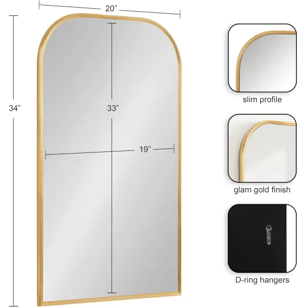 Kate and Laurel Caskill Modern Arched Wall Mirror 20 x 34 Black Decorative Tall Bathroom Mirror for Wall Decor with Rounded Arch Mirror Frame and Sophisticated LookGold