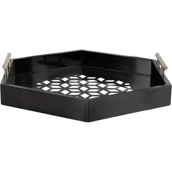 Kate and Laurel Caspen Cut Out Pattern Decorative Hexagon Tray with Gold Metal Handles 16 x 18 White and Gold Modern Glam Serving Tray with Handles for Living Room DecorBlack