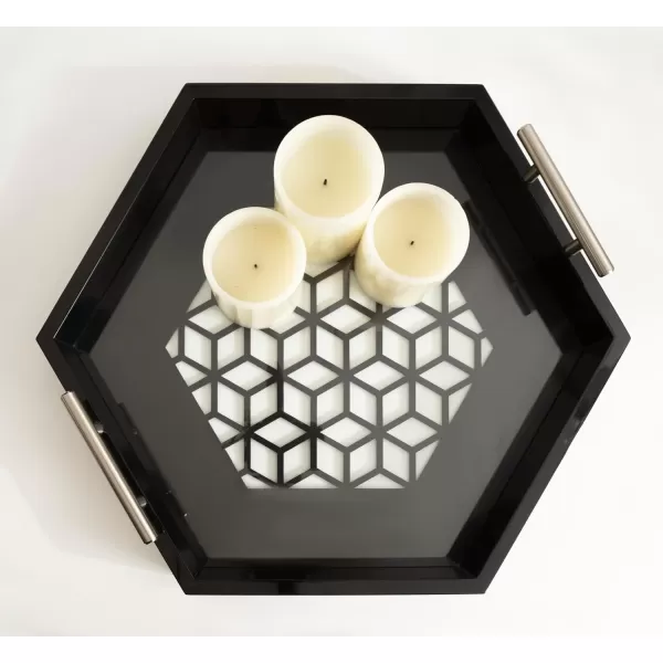 Kate and Laurel Caspen Cut Out Pattern Decorative Hexagon Tray with Gold Metal Handles 16 x 18 White and Gold Modern Glam Serving Tray with Handles for Living Room DecorBlack