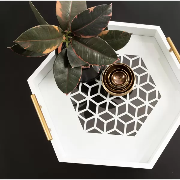Kate and Laurel Caspen Cut Out Pattern Decorative Hexagon Tray with Gold Metal Handles 16 x 18 White and Gold Modern Glam Serving Tray with Handles for Living Room DecorWhite