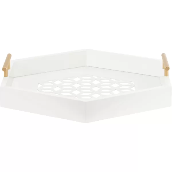 Kate and Laurel Caspen Cut Out Pattern Decorative Hexagon Tray with Gold Metal Handles 16 x 18 White and Gold Modern Glam Serving Tray with Handles for Living Room DecorWhite