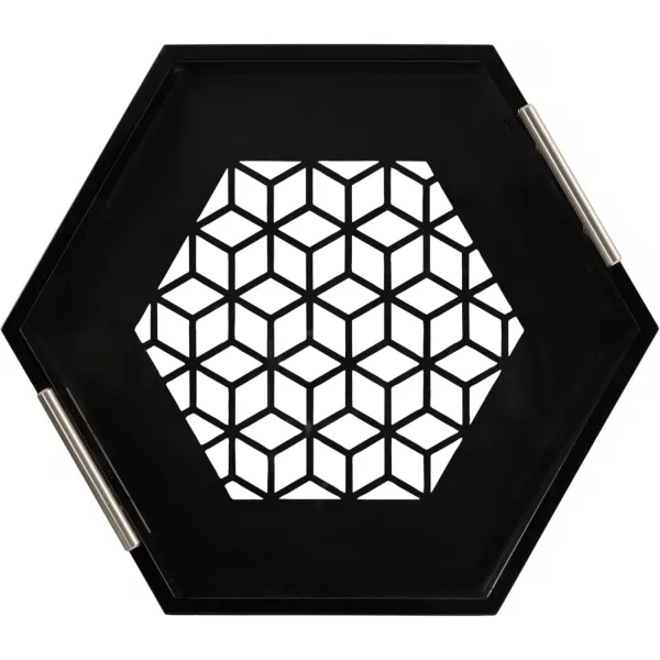 Kate and Laurel Caspen Cut Out Pattern Decorative Hexagon Tray with Gold Metal Handles 16 x 18 White and Gold Modern Glam Serving Tray with Handles for Living Room DecorBlack