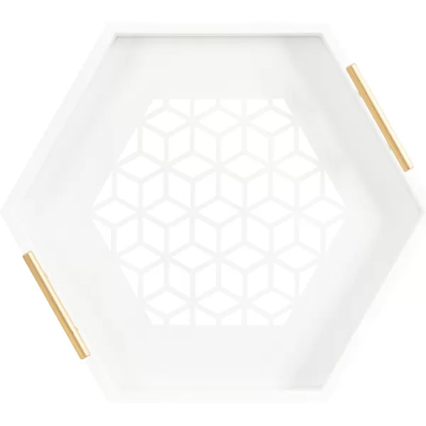 Kate and Laurel Caspen Cut Out Pattern Decorative Hexagon Tray with Gold Metal Handles 16 x 18 White and Gold Modern Glam Serving Tray with Handles for Living Room DecorWhite