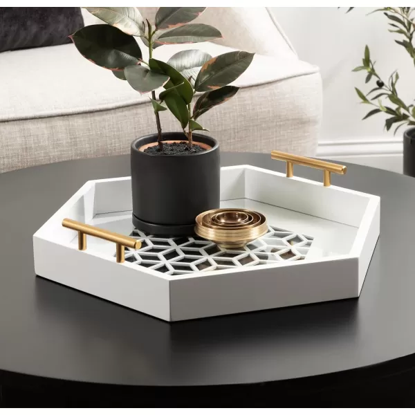 Kate and Laurel Caspen Cut Out Pattern Decorative Hexagon Tray with Gold Metal Handles 16 x 18 White and Gold Modern Glam Serving Tray with Handles for Living Room DecorWhite