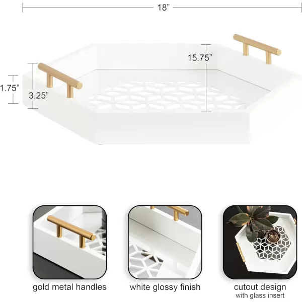Kate and Laurel Caspen Cut Out Pattern Decorative Hexagon Tray with Gold Metal Handles 16 x 18 White and Gold Modern Glam Serving Tray with Handles for Living Room DecorWhite