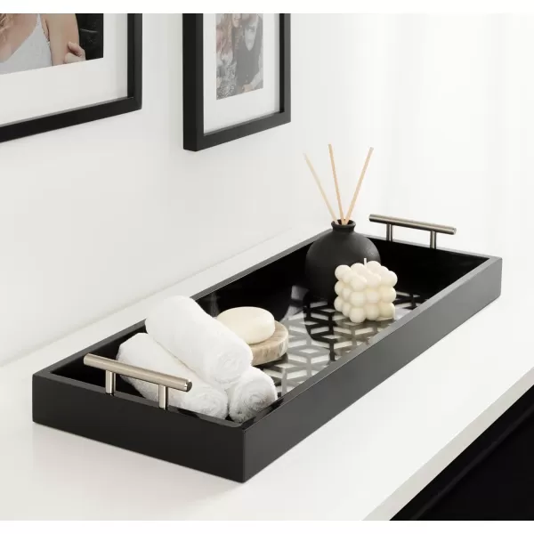 Kate and Laurel Caspen Cut Out Pattern Decorative Rectangle Tray with Silver Metal Handles 10 x 24 Black and Silver Modern Glam Serving Tray with Handles for Living Room Decor