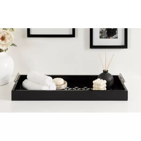 Kate and Laurel Caspen Cut Out Pattern Decorative Rectangle Tray with Silver Metal Handles 10 x 24 Black and Silver Modern Glam Serving Tray with Handles for Living Room Decor
