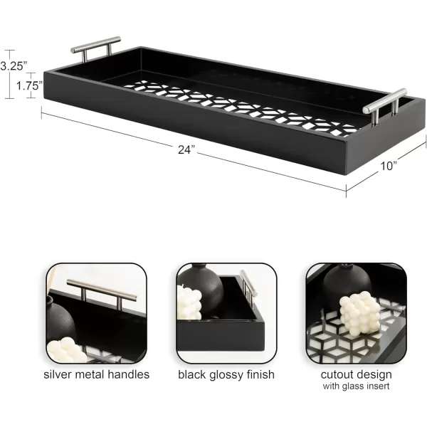 Kate and Laurel Caspen Cut Out Pattern Decorative Rectangle Tray with Silver Metal Handles 10 x 24 Black and Silver Modern Glam Serving Tray with Handles for Living Room Decor
