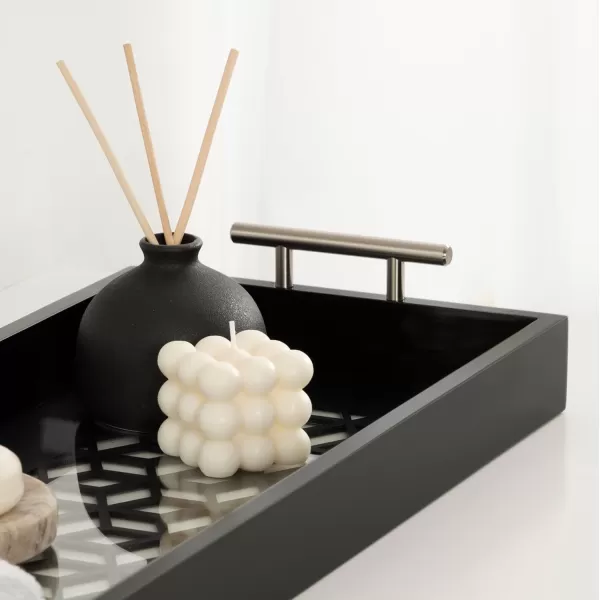 Kate and Laurel Caspen Cut Out Pattern Decorative Rectangle Tray with Silver Metal Handles 10 x 24 Black and Silver Modern Glam Serving Tray with Handles for Living Room Decor