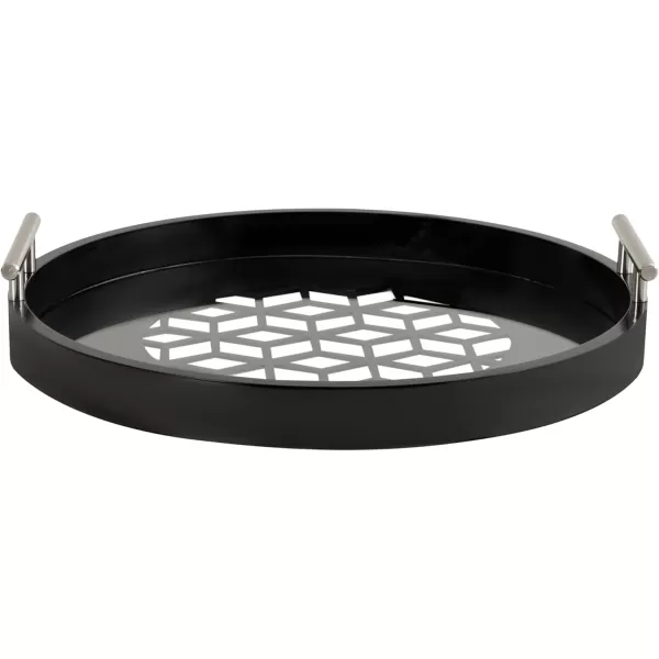 Kate and Laurel Caspen Cut Out Pattern Decorative Round Tray with Silver Metal Handles 16 x 16 Black and Silver Modern Glam Serving Tray with Handles for Living Room DecorBlack