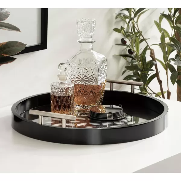 Kate and Laurel Caspen Cut Out Pattern Decorative Round Tray with Silver Metal Handles 16 x 16 Black and Silver Modern Glam Serving Tray with Handles for Living Room DecorBlack