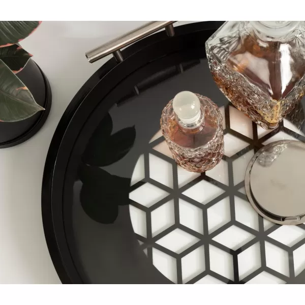 Kate and Laurel Caspen Cut Out Pattern Decorative Round Tray with Silver Metal Handles 16 x 16 Black and Silver Modern Glam Serving Tray with Handles for Living Room DecorBlack