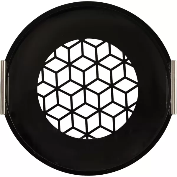 Kate and Laurel Caspen Cut Out Pattern Decorative Round Tray with Silver Metal Handles 16 x 16 Black and Silver Modern Glam Serving Tray with Handles for Living Room DecorBlack