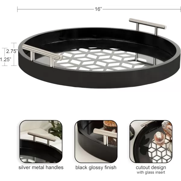 Kate and Laurel Caspen Cut Out Pattern Decorative Round Tray with Silver Metal Handles 16 x 16 Black and Silver Modern Glam Serving Tray with Handles for Living Room DecorBlack