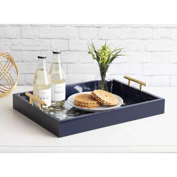 Kate and Laurel Caspen Rectangle Cut Out Pattern Decorative Tray with Gold Metal Handles 165quot x1225quot Navy Blue and GoldNavy Blue