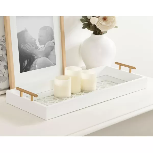 Kate and Laurel Caspen Rectangle Cut Out Pattern Decorative Tray with Gold Metal Handles 165quot x1225quot Navy Blue and GoldWhite