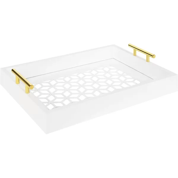 Kate and Laurel Caspen Rectangle Cut Out Pattern Decorative Tray with Gold Metal Handles 165quot x1225quot Navy Blue and GoldWhite