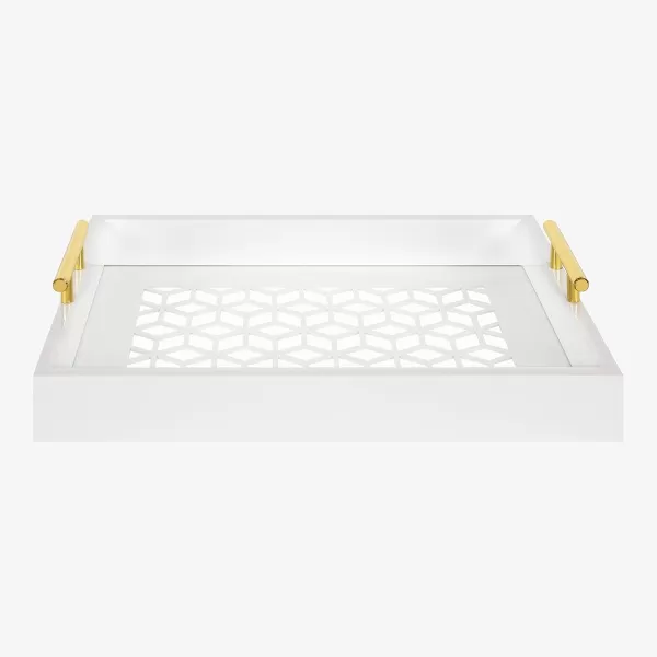 Kate and Laurel Caspen Rectangle Cut Out Pattern Decorative Tray with Gold Metal Handles 165quot x1225quot Navy Blue and GoldWhite