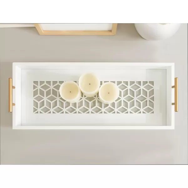 Kate and Laurel Caspen Rectangle Cut Out Pattern Decorative Tray with Gold Metal Handles 165quot x1225quot Navy Blue and GoldWhite