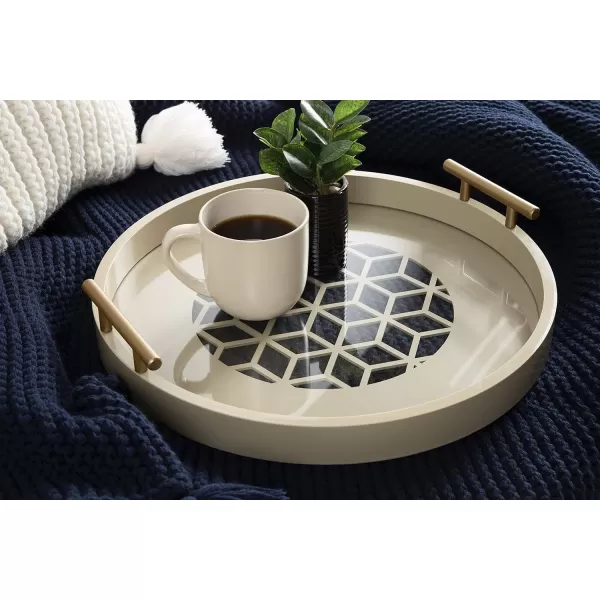 Kate and Laurel Caspen Round Cut Out Pattern Decorative Tray with Gold Metal Handles 155quot Navy and GoldNatural