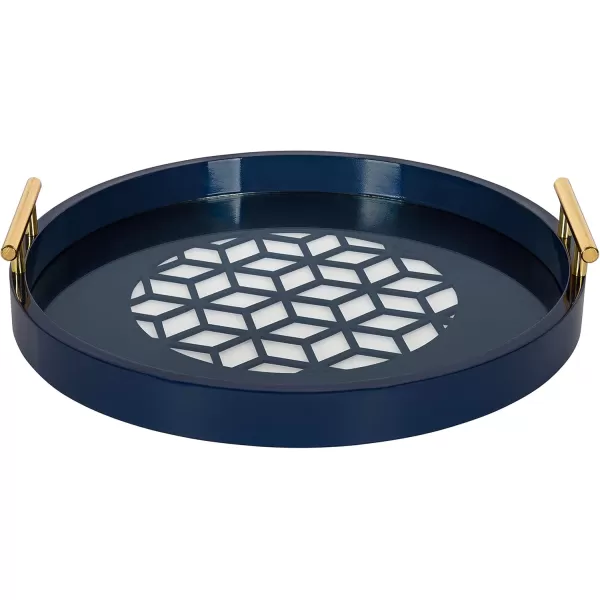 Kate and Laurel Caspen Round Cut Out Pattern Decorative Tray with Gold Metal Handles 155quot Navy and GoldNavy Blue