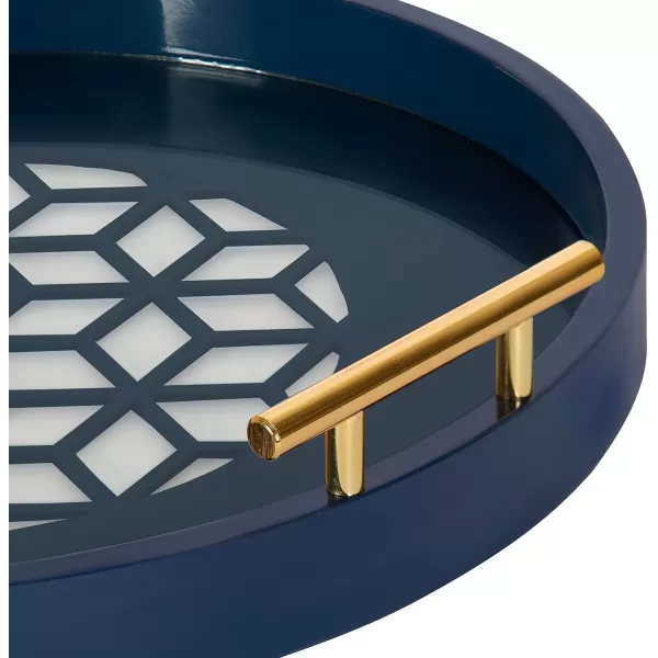 Kate and Laurel Caspen Round Cut Out Pattern Decorative Tray with Gold Metal Handles 155quot Navy and GoldNavy Blue