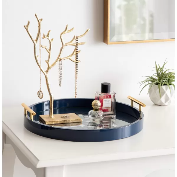 Kate and Laurel Caspen Round Cut Out Pattern Decorative Tray with Gold Metal Handles 155quot Navy and GoldNavy Blue