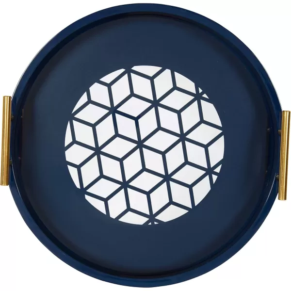 Kate and Laurel Caspen Round Cut Out Pattern Decorative Tray with Gold Metal Handles 155quot Navy and GoldNavy Blue