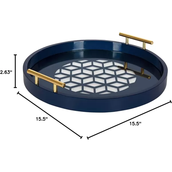 Kate and Laurel Caspen Round Cut Out Pattern Decorative Tray with Gold Metal Handles 155quot Navy and GoldNavy Blue