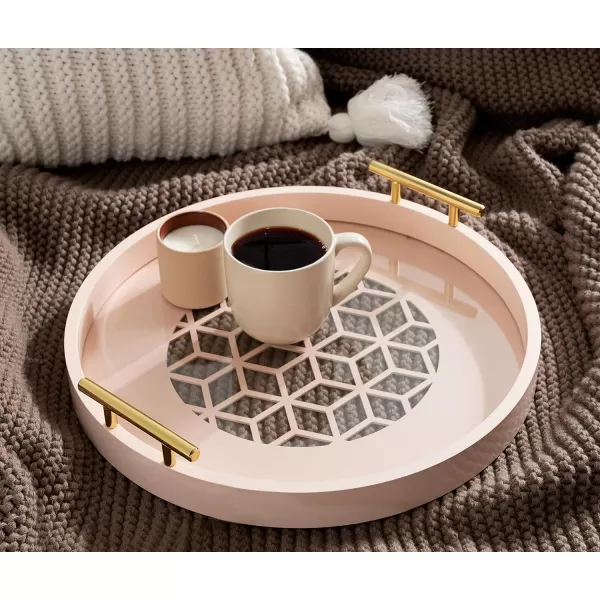 Kate and Laurel Caspen Round Cut Out Pattern Decorative Tray with Gold Metal Handles 155quot Navy and GoldPink