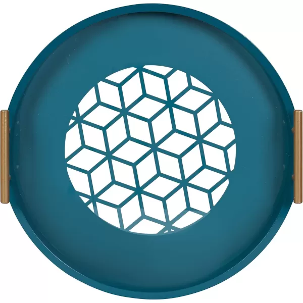 Kate and Laurel Caspen Round Cut Out Pattern Decorative Tray with Gold Metal Handles 155quot Navy and GoldTeal