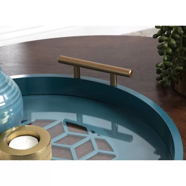Kate and Laurel Caspen Round Cut Out Pattern Decorative Tray with Gold Metal Handles 155quot Navy and GoldTeal