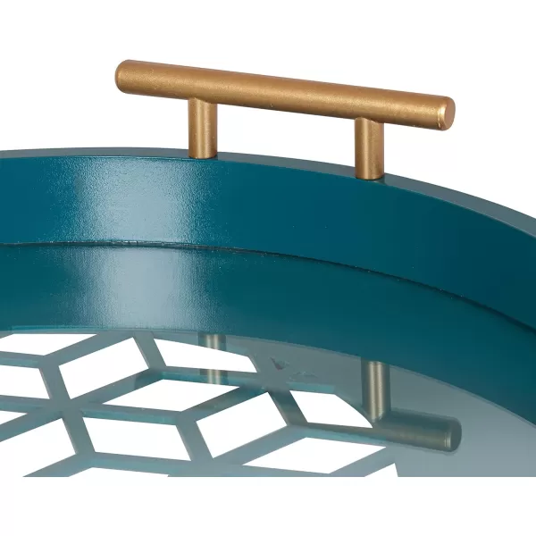 Kate and Laurel Caspen Round Cut Out Pattern Decorative Tray with Gold Metal Handles 155quot Navy and GoldTeal