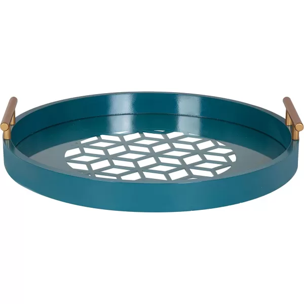 Kate and Laurel Caspen Round Cut Out Pattern Decorative Tray with Gold Metal Handles 155quot Navy and GoldTeal