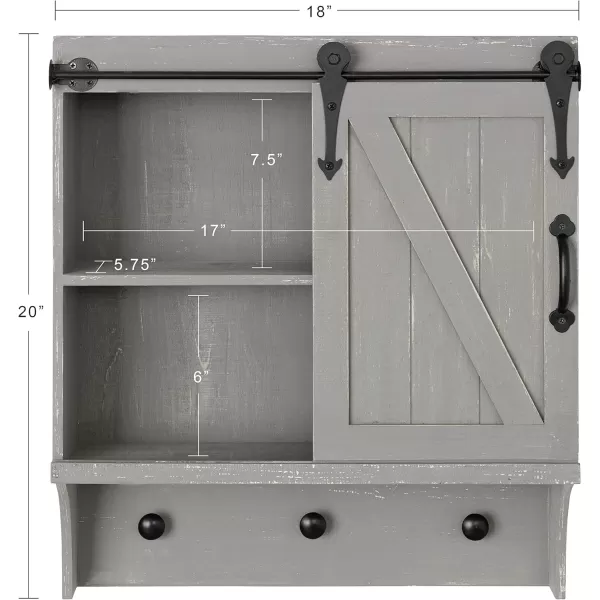 Kate and Laurel Cates Decorative Farmhouse Cabinet Wall Organizer with Sliding Barn Door and 3 Knobs 18 x 8 x 20 Rustic Brown ShabbyChic FarmhouseInspired Mail and Key Holder for WallGrey