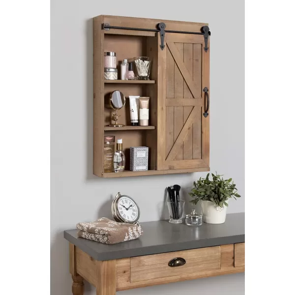 Kate and Laurel Cates Decorative Wood Wall Storage Cabinet with Rectangle Mirror and Sliding Barn Door 22 x 28 Rustic Gray Farmhouse Decor for Wall StorageRustic Brown