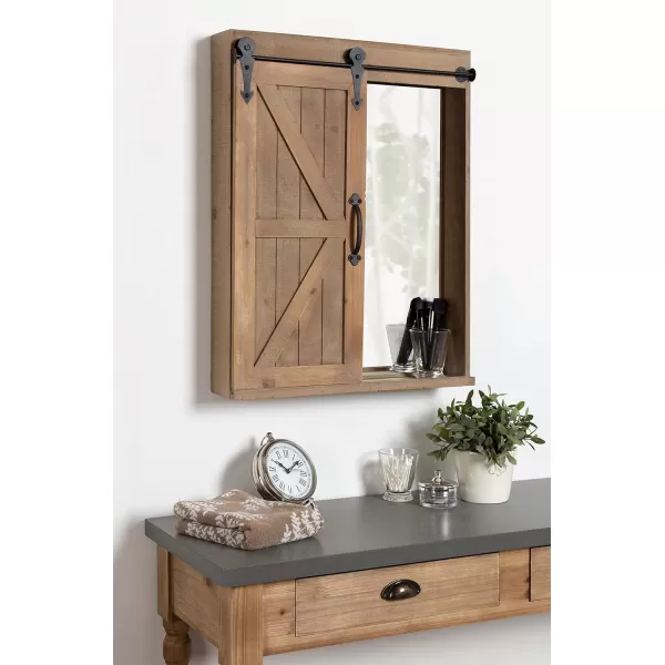 Kate and Laurel Cates Decorative Wood Wall Storage Cabinet with Rectangle Mirror and Sliding Barn Door 22 x 28 Rustic Gray Farmhouse Decor for Wall StorageRustic Brown