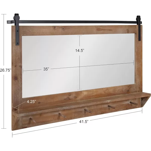 Kate and Laurel Cates Farmhouse Horizontal Pub Mirror with Shelf and Hooks 42 x 27 White Decorative Coastal Wall Mirror with Rustic Functional StorageRustic Brown