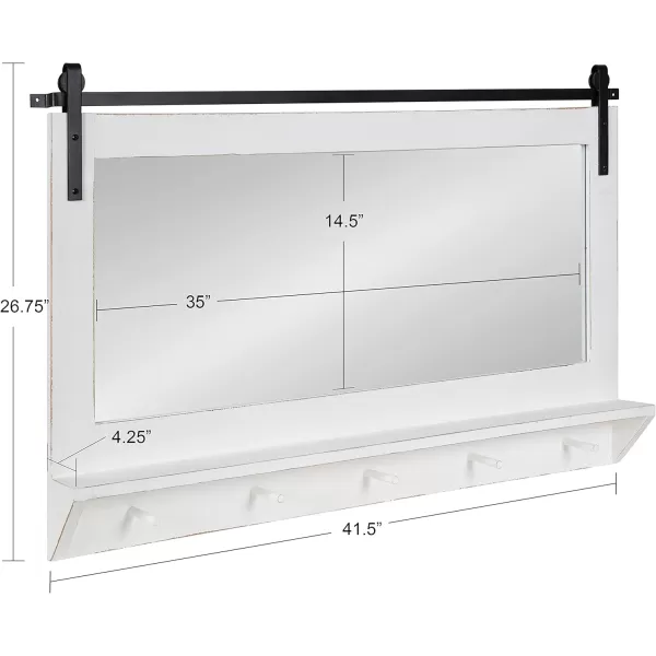Kate and Laurel Cates Farmhouse Horizontal Pub Mirror with Shelf and Hooks 42 x 27 White Decorative Coastal Wall Mirror with Rustic Functional StorageWhite
