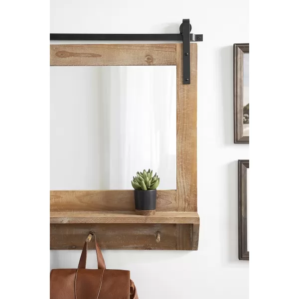 Kate and Laurel Cates Farmhouse Horizontal Pub Mirror with Shelf and Hooks 42 x 27 White Decorative Coastal Wall Mirror with Rustic Functional StorageRustic Brown