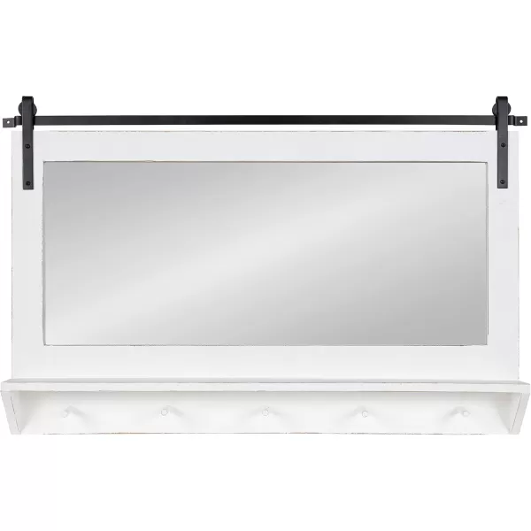 Kate and Laurel Cates Farmhouse Horizontal Pub Mirror with Shelf and Hooks 42 x 27 White Decorative Coastal Wall Mirror with Rustic Functional StorageWhite
