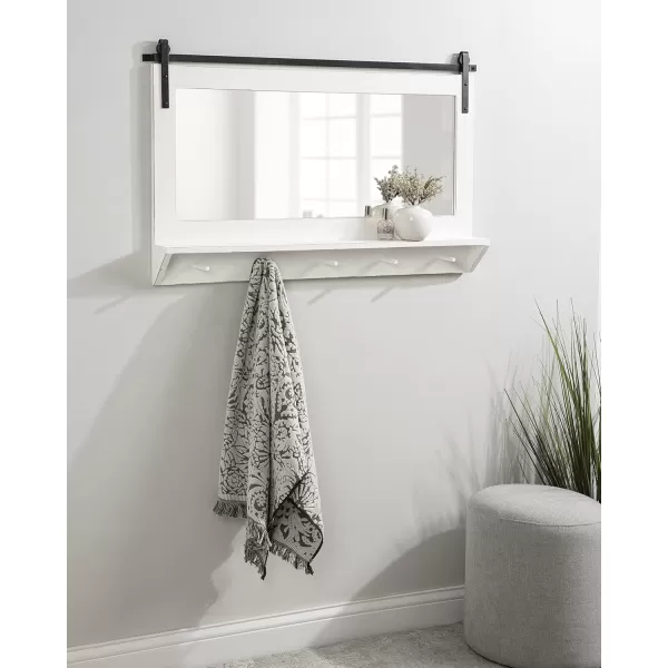 Kate and Laurel Cates Farmhouse Horizontal Pub Mirror with Shelf and Hooks 42 x 27 White Decorative Coastal Wall Mirror with Rustic Functional StorageWhite