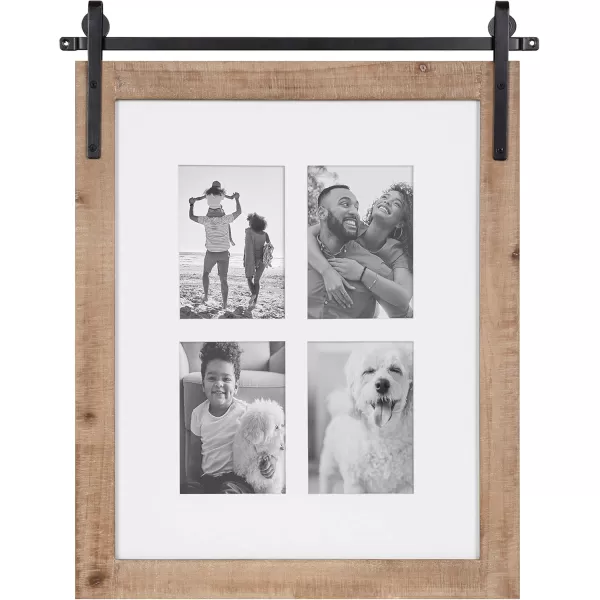 Kate and Laurel Cates Farmhouse Wooden Collage Picture Frame 21x26 Matted to 4 5x7 Rustic Natural Brown Photograph Frame Fitting Four 5x7 Images with Barn DoorInspired Design