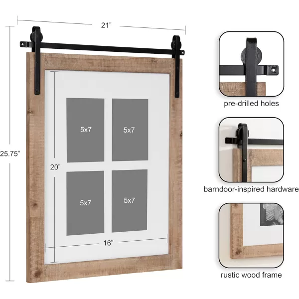 Kate and Laurel Cates Farmhouse Wooden Collage Picture Frame 21x26 Matted to 4 5x7 Rustic Natural Brown Photograph Frame Fitting Four 5x7 Images with Barn DoorInspired Design