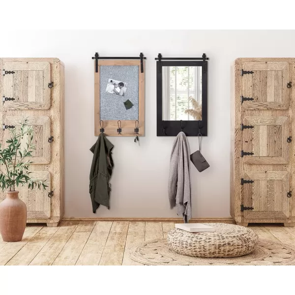 Kate and Laurel Cates Rustic Wall Mirror with Hooks 18 x 28 Black Farmhouse Wall Decor with FunctionBlack